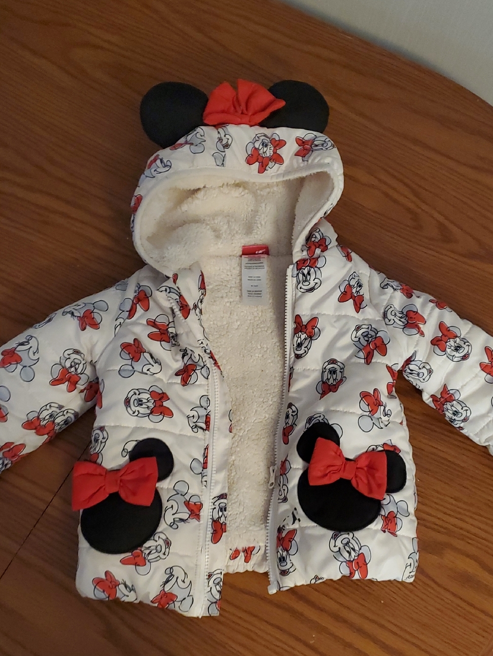 Girls' Minnie Mouse White & Red Puffer Jacket with Hood